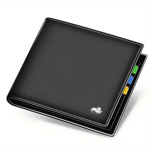 TEMU BISON 데님 남성용 진정 가죽 지갑 - 고급 RFID 차단 바이폴드 지퍼 동전 지갑 및 비즈니스 카드 홀더, 로고가 있는 블랙, 일상적인 사용을 위한 내구성과 스타일|카드지갑|지갑|명함지갑