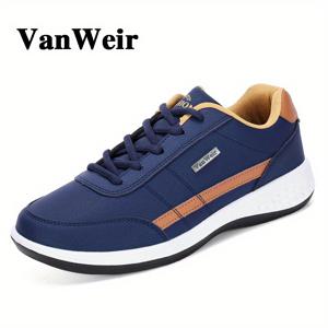TEMU VANWEIR 남성용 경량 캐주얼 스니커즈 - 통기성 PU 갑피, 사계절 야외 걷기 및 가벼운 스포츠용 MD/TPR 밑창, 네이비 블루 & 브라운 라운드토 레이스업 신발