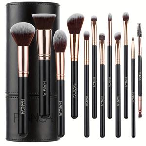 TEMU RANCAI 12pcs 전문 메이크업 브러시 세트, 나일론 브리스털, 나무 손잡이, 팔름 브러시 형태, 알코올 없음, 모든 피부 유형에 적합, 파우더, 바디, 하이라이터, 아이섀도우, 컨투어 브러시 포함, 휴대용 PU 지퍼 케이스 포함