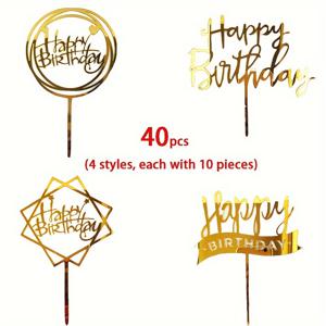TEMU 40pcs, 아크릴 케이크 토퍼, 파티 케이크 장식, 황금 반짝이 케이크 토퍼, 생일 축하 편지 토퍼 카드, 생일 파티 케이크 장식, 크리 에이 티브 베이킹 용품, 휴일 및 생일 선물