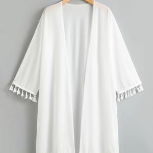 TEMU 흰색 테이슬 장식이 달린 플레인 커버업, 시원한 비치 키모노, 카니발 및 음악 축제를 위한 여성 수영복 및 의류 휴가용