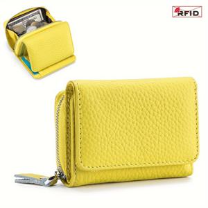 TEMU RFID 차단 여성 지갑, 진정한 가죽 트리플 폴드 스냅 클로저, 현대 스타일, 지퍼 동전 지갑, 폴리에스터 안감, 카드 홀더 가방 - 건조한 천으로 청소