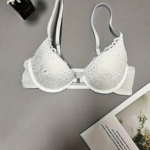 TEMU 1pc 여성용 우아한 레이스 푸시업 브라, 높은 지원 나일론 니트, 분리 가능한 패드, 단색 디자인, 레이스 디테일링, 성인 란제리