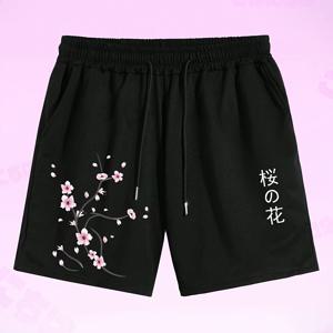 TEMU 여름 해변 리조트를 위한 남성용 캐주얼 사쿠라 프린트 액티브 반바지, 끈으로 조여지는 비치 쇼츠