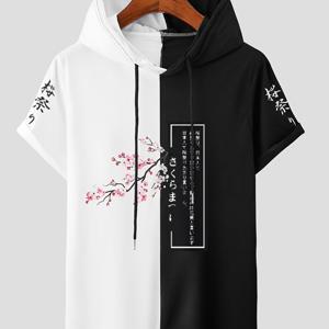 TEMU 남성용 두톤 후드 티셔츠, 벚꽃 & 일본 모티프 프린트 - 캐주얼 반팔, 폴리에스테르, 세탁기 사용 가능, 여름 패션, 성인용 티셔츠|일본 모티브 의류|광택 질감