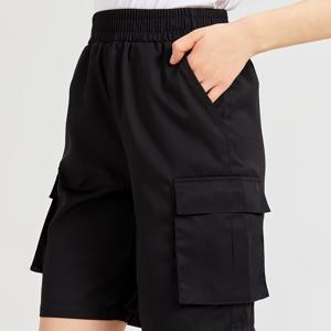 TEMU 여성 캐주얼 카고 반바지, 단색 블랙, 포켓이 있는 편안한 핏, 스포츠 및 일상 착용을 위한 탄력성 있는 허리 운동 반바지