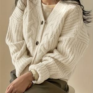 TEMU 여성용 빈티지 가디건 - 두꺼운 편안한 롱슬리브 라운드넥 솔리드 컬러 스웨터, 기계 세탁 가능 캐주얼 가을 겨울 레이어링 필수 아이템, 가을 옷장에 꼭 필요한 텍스처 니트웨어