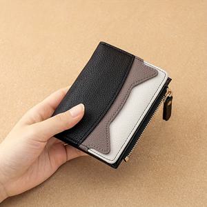 TEMU 여주 질감 지갑, 여성용 짧은 이중 지갑, 크리에이티브 지퍼, 멀티 컬러 패치워크, 동전 및 카드 지갑, 패셔너블한 단순 대비 색상