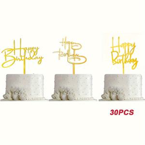 TEMU 30pcs 우아한 아크릴 행운의 생일 케이크 탑 - 금색 및 검정색, 파티 장식, 과자 및 디저트를 위한 축제 컵케이크 픽 - 생일, 결혼식 및 특별한 기념일을 위한 완벽한 케이크 장식