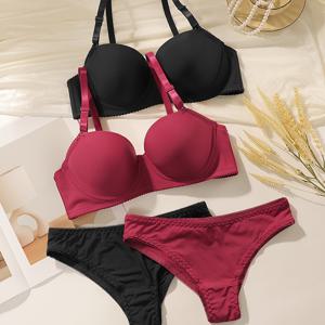 TEMU 여성용 2피스 무봉제 푸시업 브라 & 팬티 세트 - 편안한 언더와이어 지지, 처짐 방지, 통기성 나일론/엘라스테인 혼방, 손세탁 가능 - 블랙 & 마룬 스타일 포함, 브라와 팬티 세트