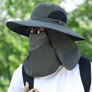TEMU 내장 마스크와 목플랩이 있는 녹색 폴리에스터 선햇, 추가 넓은 브림, 통기성 보호, 짠 직물, 89gsm, 낚시, 하이킹, 야외 스포츠용|자외선차단마스크
