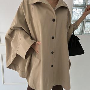 TEMU 여성용 우아한 베이지 트렌치 코트 - 더블 브레스트, 박쥐 소매, 라펠 칼라, 가벼운 폴리에스터, 세탁기 사용 가능 - 봄 & 가을에 완벽, 일상적인 트렌치 코트 | 라펠 칼라 스타일 | 부드러운 베이지 코트