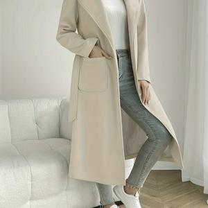 TEMU 여성용 우아한 베이지 롱 코트 - 시크한 더블 브레스트 트렌치 포켓, 벨트 허리, 라펠 칼라 - 폴리에스터, 신축성 없는 원단 - 봄/가을, 가을 패션 코트에 이상적|우아한 롱 코트|클래식 트렌치 디자인
