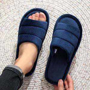 TEMU 남녀공용 코지 슬리퍼 - 네이비 블루, 미끄럼 방지, 땀 흡수 소재, 오픈 토 디자인, 부드러운 패브릭 상감, 실내 착용 완벽, 사계절 캐주얼 신발 | 통기성 편안함, 하우스 슬리퍼|여성슬리퍼