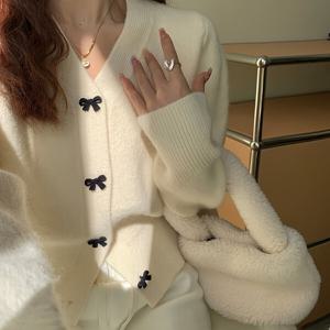 TEMU 여성용 화이트 V넥 카디건 블랙 리본 디테일 - 캐주얼 반팔 오픈 프론트 레이어링 스웨터, 단색 비침 없는 탑, 봄/가을 패션, 부드러운 질감