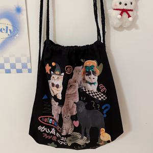 TEMU 빈티지 고양이 프린트 백팩 - 귀여운 만화 동물 디자인, 조절 가능한 끈 잠금장치, 접이식 가벼운 여성 & 학생용 가방, 블랙, 고품질 원단 제작|에코백