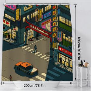 TEMU 1pc 밝은 애니메이션 영감을 받은 도시 풍경 샤워 커튼 - 택시 및 보행자가 있는 아름다운 거리 풍경, 폴리에스터, 기계 세척 가능, 모든 계절 사용, 현대적이고 편안한 욕실에 완벽한 욕실 장식 | 밝은 작품 | 내구성 있는 샤워 커튼, 애니메이션 방 장식