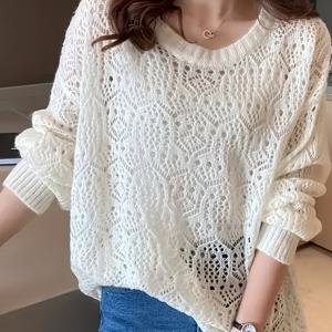 TEMU 우아한 플레인 화이트 鏤공 니트 긴팔 루즈핏 커버업 탑, 여성 수영복 및 의류|수영복|레쉬가드|래시가드