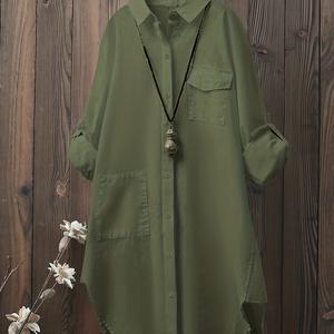 TEMU 플러스 사이즈 단색 컬러 포켓 버튼 프런트 셔츠, 캐주얼 롱 슬리브 셔츠 스프링 & 가을, 여성 플러스 사이즈 의류