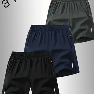 TEMU 3팩 Venzeg 남성 운동 캐주얼 반바지, 5인치 여름 얇은 체육관 러닝 팬츠, 97% 폴리에스테르 3% 엘라스탄, 약간의 스트레치, 프린트, 레귤러 핏, 지퍼 디테일, 직조, 120g/m² - 농구 스포츠 반바지