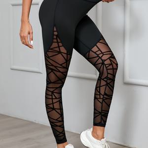 TEMU 여성 고 허리 기하학 메쉬 스티칭 데일리 피트니스 요가 레깅스, 여성 액티브웨어