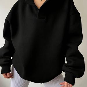 TEMU 여성용 중동 스타일 반개방 후드 스웨트셔츠 - 가을/겨울용 솔리드 블랙 루즈핏 풀오버, 세탁기 사용 가능 캐주얼 의류, 편안한 원단, 유연한 실루엣