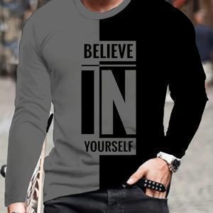 TEMU 자신감을 키우세요 남성용 긴팔 크루넥 티셔츠 - 100% 폴리에스테르 캐주얼 풀오버 그래픽 프린트, 데일리 및 스포츠 웨어를 위한 약간 늘어나는 원단, 성인 및 청소년을 위한 편안한 니트 상의 봄/여름/가을