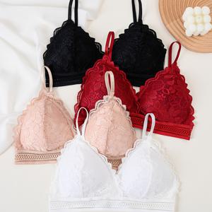 TEMU 4개 세트 심플 순수 하트 플라워 레이스 브라 - 와이어리스, 탈착식 패드 & 통기성 꽃무늬 레이스 트림 - 여성용 미디엄 서포트 컴포트 브라 (블랙/레드/베이지/화이트) - 우아한 컬렉션, 레이스 브랄렛, 편안한 속옷, 조절 가능한 스트랩