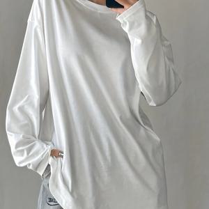 TEMU 새 가을과 겨울 패션 여성용 단색 루즈 긴팔 라운드넥 롱 티셔츠