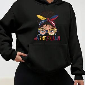 TEMU 베네수엘라 국기 패턴 후드 티셔츠 - 여성용 캐주얼 폴리에스테르 후드 스웨트셔츠, 니트 원단, 신축성있는, 남녀 공용, 가을/겨울 컬렉션