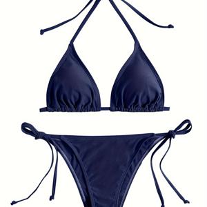 TEMU 단순한 네이비 블루 삼각형 홀터 타이 스트랩 백리스 2피스 세트 비키니 수영복, 여성 수영복 및 의류
