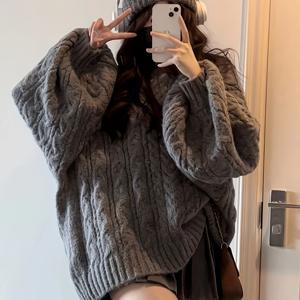 TEMU 여성용 코지 빈티지 V넥 스웨터 - 두꺼운 루즈핏 숏 크롭 풀오버, 소프트 기계세탁 가능 레이어링 탑, 캐주얼 시크 가을 & 겨울 의상, 오버사이즈 니트웨어, 텍스처 패턴