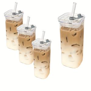 TEMU 4개 스퀘어 유리 컵 뚜껑 & 빨대 포함 - 내구성 있고, 내열성, BPA 프리, 누수 방지 및 뜨거운 음료수(밀크티, 커피, 주스 등)용 파손 방지