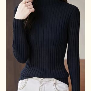 TEMU 우아한 하이넥 리브 스웨터 - 폴리에스터 니트 긴팔 단색 터틀넥 스웨터 여성용, H-핏, 노패드, 미끄러지지 않는 어깨, 우산 밑단, 봄/가을 컬렉션