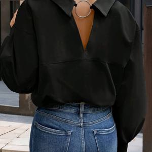 TEMU 플러스 사이즈 여성용 우아한 캐주얼 V넥 긴팔 셔츠 - 블랙 솔리드 컬러, 논스트레치 원단, 사계절 활용 가능한 오피스 & 캐주얼 상의, 여성용 긴팔 탑, 스타일리시 버튼 디테일, 고품질 제작