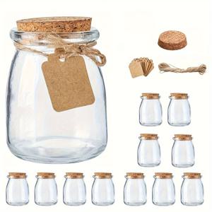 TEMU 12개 팩 미니 유리 병, 코르크 뚜껑 포함 - 200ml BPA 프리 재사용 메이슨 캐닝 병, 웨딩 선물, 꿀, 사탕, 요거트 - 태그 및 꼬임 포함, 냉동고 안전, 타원형, 기계 세척 가능