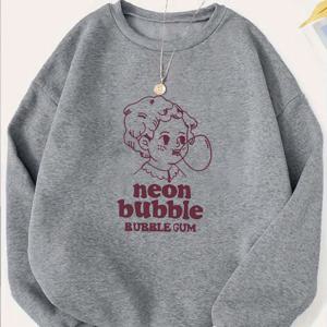 TEMU 여성을 위한 귀여운 폴리에스테르 크루넥 스웨트셔츠 - 네온 버블검 프린트가 있는 올 시즌 롱 슬리브 풀오버, 약간의 신축성이 있는 니트 소재, 캐주얼 Y2K 스타일 (겨울/봄/여름/가을)