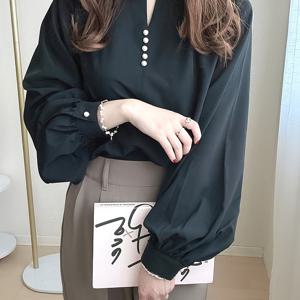 TEMU 단색 버튼 프론트 블라우스, 캐주얼 롱 슬리브 봄 & 가을용 블라우스, 여성 의류, 진주 버튼