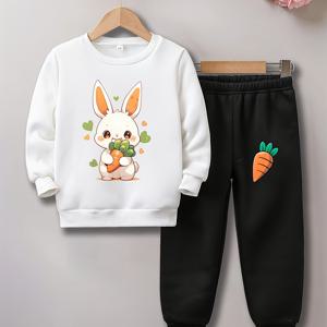TEMU ROYAL TOTS 여자 어린이 봄/가을 만화 토끼 스웨트셔츠 및 바지 세트 - 캐주얼 니트 원단, 긴팔, 둥근 목, 신축성있는 허리 바지, 폴리에스테르 100%, 야외용