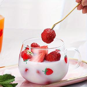 TEMU 1pc 딸기 프린트 유리 컵, 350ml, 우유, 커피, 오트밀, 얼음물, 차, 여름 음료, 식품 공급 장비, 산업 및 과학, 식탁 식기, 유리 제품