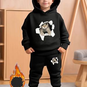 TEMU 귀여운 고양이 프린트 2pcs 긴팔 후드 티셔츠와 바지 세트, 캐주얼 후드 긴팔 긴 바지, 약간 늘어나는 가을 후드 티셔츠 세트 가을 어린이용 의류 세트