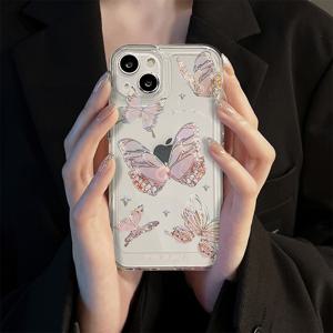 TEMU 라인 스톤 핑크 나비 얇은 구멍 투명 소프트 쉘 Iphone16/15Promax/14/13/12/11/Xr/Xs/7/8/12Mini/13Mini/Se2/Se3 휴대폰 케이스에 적합합니다.