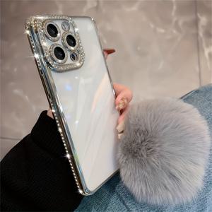 TEMU 스타일리시한 전기 도금 범퍼 폰 케이스, 헤어볼 펜던트 포함, 아이폰 12~16 Pro Max 및 Plus 모델용으로 설계, 반짝이는 렌즈와 내충격 보호 기능 제공.