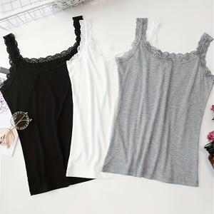 TEMU 3pcs 여성용 블랙, 화이트, 그레이 대비 레이스 트림 라운드넥 스파게티 스트랩 민소매 크롭탑 세트