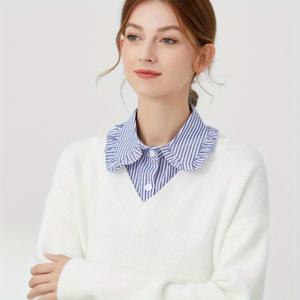 TEMU 여성용 목폴라 - 블루 & 화이트 가로줄무늬, 러플 하프터틀넥 디자인, 스웨터 & 카디건 장식용 인조 칼라, 캐주얼부터 포멀까지, 쉬운 관리 액세서리, 레이어링 피스, 우아한 디자인