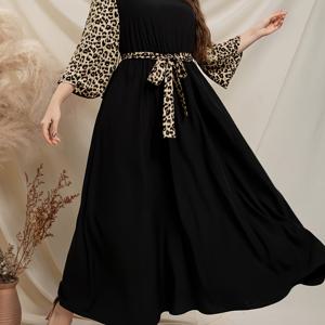TEMU 1pc 우아한 미디 드레스 - 여성용 - 폴리에스테르 프린트 레이스업 디테일, 크루넥, 플러터 슬리브, 플레어 밑단, 비스트레치 원단, 벨트가 있는 짠 풀오버 드레스, 큰 & 키 큰 사이즈 가능|빅사이즈