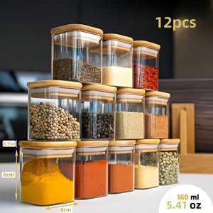 TEMU 12개 5oz 유리 스파이스 항아리 세트, 대나무 뚜껑 포함 - 전자레인지 사용 가능, 향신료, 콩, 사탕, 견과류 등에 적합 - 보너스 칠판 라벨 포함