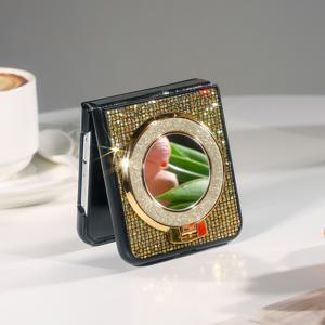 TEMU 반짝이는 글리터 시퀸 PU 가죽 거울 홀더 접이식 모바일 폰 케이스, 갤럭시 z 플립3 5g, 갤럭시 z 플립4 5g, 갤럭시 z 플립5 5g, 갤럭시 z 플립6 5g 호환