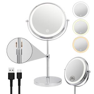 TEMU 10배 확대 LED 조명 메이크업 거울, 조절 및 3색 조명, 8인치 양면 화장 거울, 360도 회전, USB 충전식, 금속 프레임, 광택 마감, 2000mAh 리튬 배터리 포함, 유리 표면, 탁상형 마운트, 캐릭터 테마, 무향