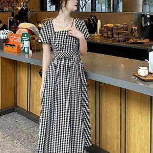 TEMU 여성용 체크무늬 스퀘어 넥 A라인 드레스, 폴리에스터 직조 긴팔 미디 드레스 봄/여름/가을용